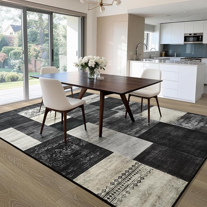 Tepook Modern Area Rug for Living Room, 4x6 Geometric Large Rugs for Bedroom, Washable Patchwork Rug Indoor Non-Slip Throw Carpets for Dining Room Office Farmhouse Home Decor, Black and White