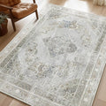 Phantoscope Washable Area Rug 5'x7' Non-Slip, Vintage Neutral Rugs for Living Room, Bedroom, Dining Room, Distressed Boho Medallion Pattern, Low-Pile Foldable Floor Carpet, Silver Grey/Taupe