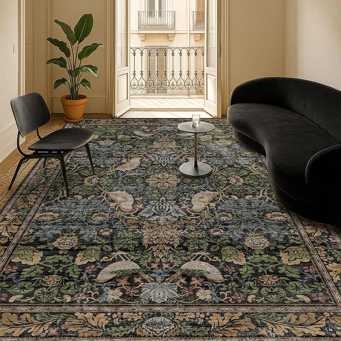 Washable Living Room Rug 6x9 - Dark Floral Nature Rugs for Bedroom, Dining Room Kitchen Table Rug for Under Table, Office, Stain Resistant Non-Slip Large - Brown/Dark Green