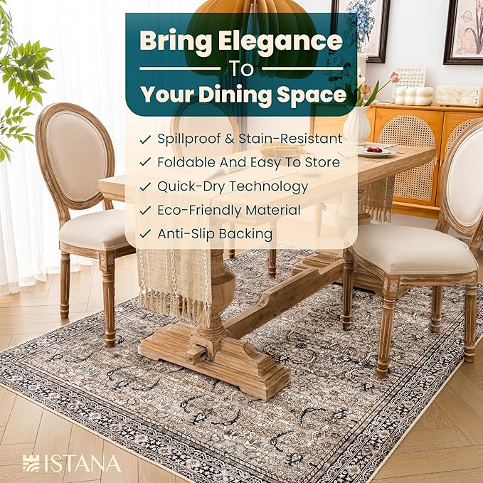 Istana Rugs 5x7 - Charcoal Olive Bedroom Rug - Foldable Rugs for Bedroom - Stain Resistant Washable & Eco-Friendly Boho Area Rugs - Easy to Clean Living Room Rug