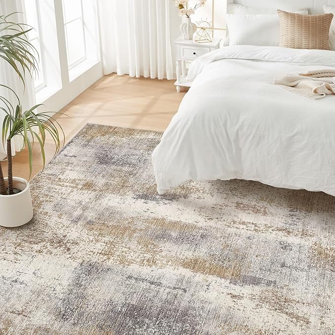 Area Rug Living Room Rugs - 10x12 Washable Large Soft Indoor Neutral Modern Abstract Low Pile Rug Carpet for Bedroom Dining Room Farmhouse Home Office - Brown Grey
