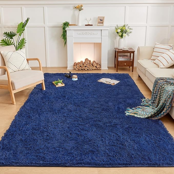 Andency Navy Soft Area Rugs for Living Room Bedroom, 4x6 Fluffy Shaggy Bedside Rug, Non-Slip Large Shag Fuzzy Plush Carpets for Bedroom Kids Dorm Nursery Home Decor Aesthetic