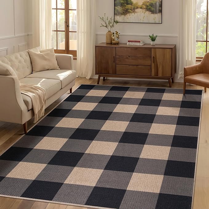 Tangsoo Checkered Easy Jute Rug,3x5 Washable Area Rug for Bedroom,Non-Slip Black Indoor Outdoor Rug Modern Farmhouse Low Pile Carpet for Patio Backyard Entryway