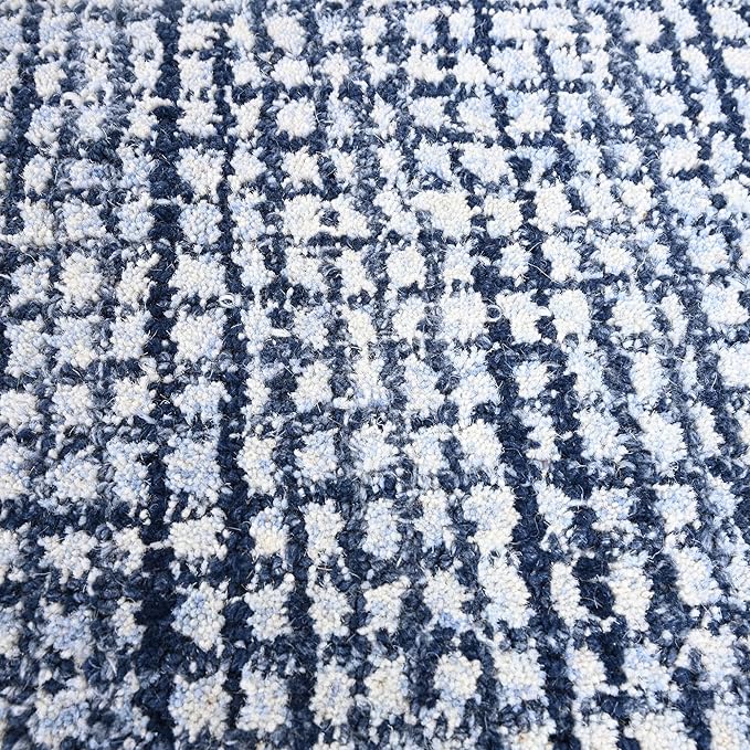 Hand-Tufted 100% Wool Pile Area Rug – Geometric Textured Grid Check Pattern – Thick and Durable Floor Carpet for Bedroom, Living Room, Kids Room, and Dining Area (Navy Blue, 7' x 9')