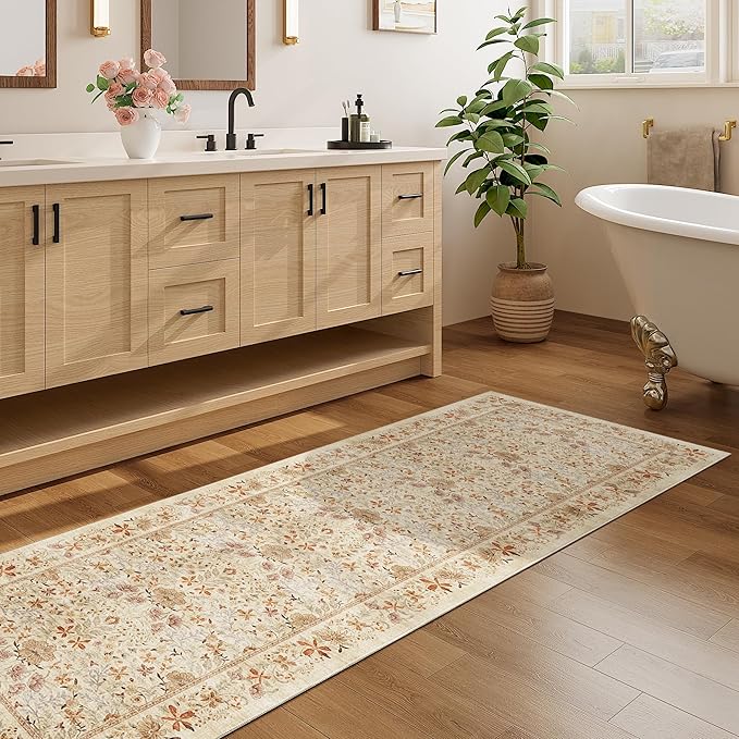 DOKINO 2x10 Runner Rug for Hallway, Vintage Washable Long Kitchen Rug with Low Pile Design, Floral Non Slip Soft Carpet Runner for Hallway, Kitchen, Bathroom, Bedroom, Beige