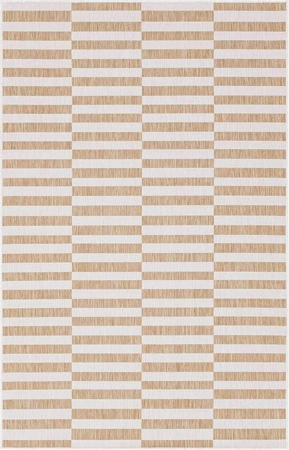 Unique Loom Outdoor Striped Collection Area Rug - Striped (5' 1" x 8' Rectangle, Taupe/Ivory)
