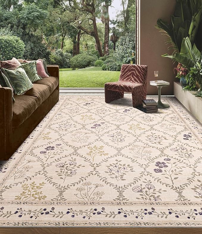 YIHOUSE 8x10 Washable Rug for Living Room, Beige Floral Rugs for Bedroom Boho Area Rug Non Slip Ultra-Thin Large Rug for Kids Playroom, Classroom, Girls Dorm, Nursery, Beige Multi