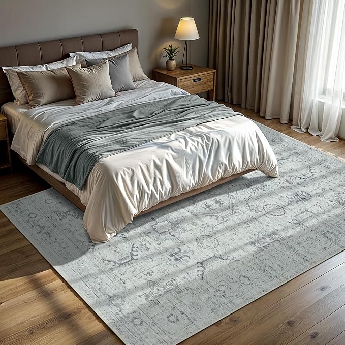 GLN Rugs Traditional Collection - Machine Washable Area Rug, Traditional Washable, Non Slip, Low Pile Chenille Rug, Living Room, Bedroom, Kitchen Rug (9' x 12' Cream/Gray/Sea Salt)