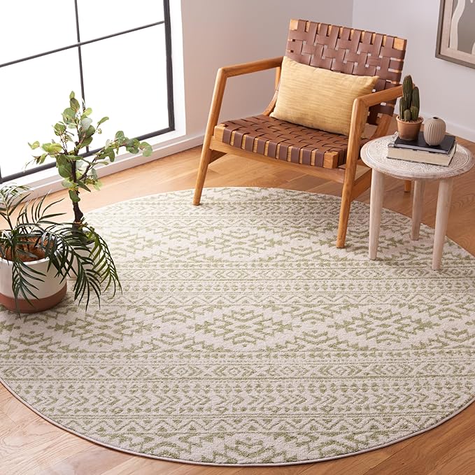 SAFAVIEH Tulum Collection Area Rug - 6'7" Round, Ivory & Sage, Moroccan Boho Tribal Design, Non-Shedding & Easy to Clean, Ideal for Living Room, Bedroom, Dining Space (TUL272H)