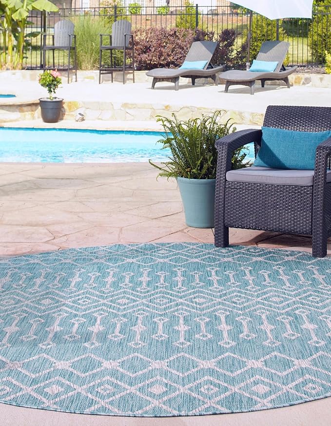 Unique Loom Outdoor Trellis Collection Area Rug - Tribal Trellis (7' 10" Round, Aqua/ Ivory)
