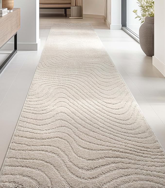 Well Woven Custom Size Hallway Stair Runner - Choose Your Length - 27 Inches Wide x 7 Feet Long Runner (27" x 7' Runner) Rug - Ivory Sibi Soft Touch, Modern Abstract - Hi-Lo Pile