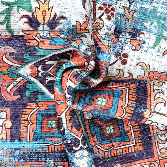 GLN Rugs Traditional Collection - Machine Washable Area Rug, Traditional Washable, Non Slip, Low Pile Chenille Rug, Living Room, Bedroom, Kitchen Rug (6' x 9' Blue/Multicolor)