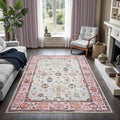 GLN Rugs Traditional Collection - Machine Washable Area Rug, Traditional Washable, Non Slip, Low Pile Chenille Rug, Living Room, Bedroom, Kitchen Rug (5' x 7' Pink/Blue/Multicolor)
