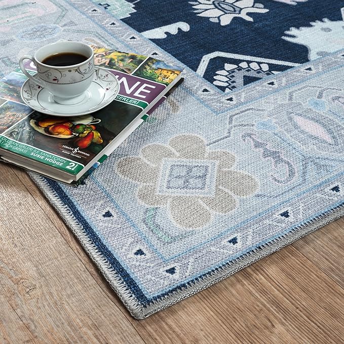 Fame Living Navy Blue Oushak Rug, Modern, Vintage, Turkish, Eclectic, Floral, Pastel, Washable, Oversized, Extra Large Area Rugs for Living Room, Dining, Bedroom, Lounge 9'5"x14'