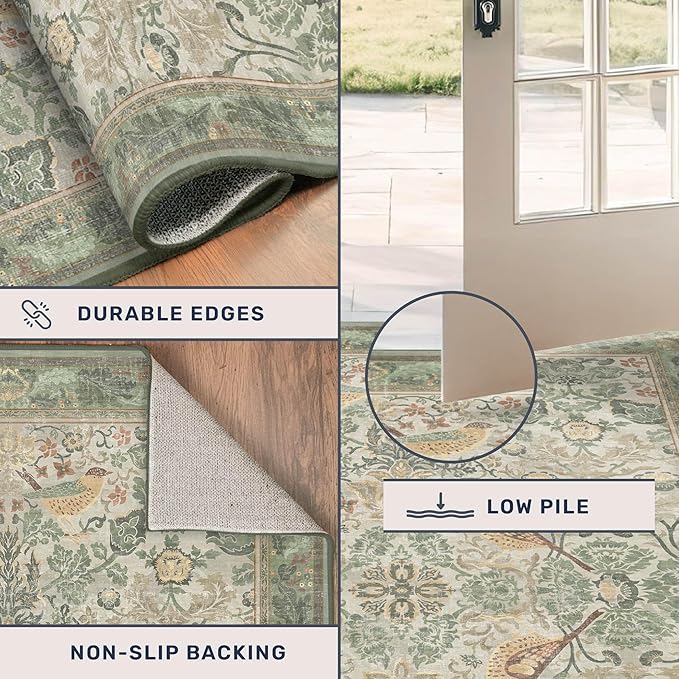 Washable 4x6 Entryway Rug, Sage Green Area Rugs for Living Room, Bedroom, Large Kitchen, Office, Boho Botanical Decor, Non-Slip Low Pile Ultra Soft Carpet