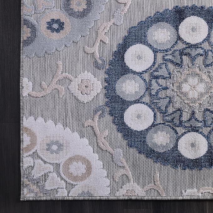CAMILSON Indoor Outdoor Rug 5x7 Bohemian Medallion Floral Area Rugs for Indoor and Outdoor Patios Easy-Cleaning Non-Shedding Living Room Garden and Kitchen Washable Outside Carpet (5 x 7 / Blue)