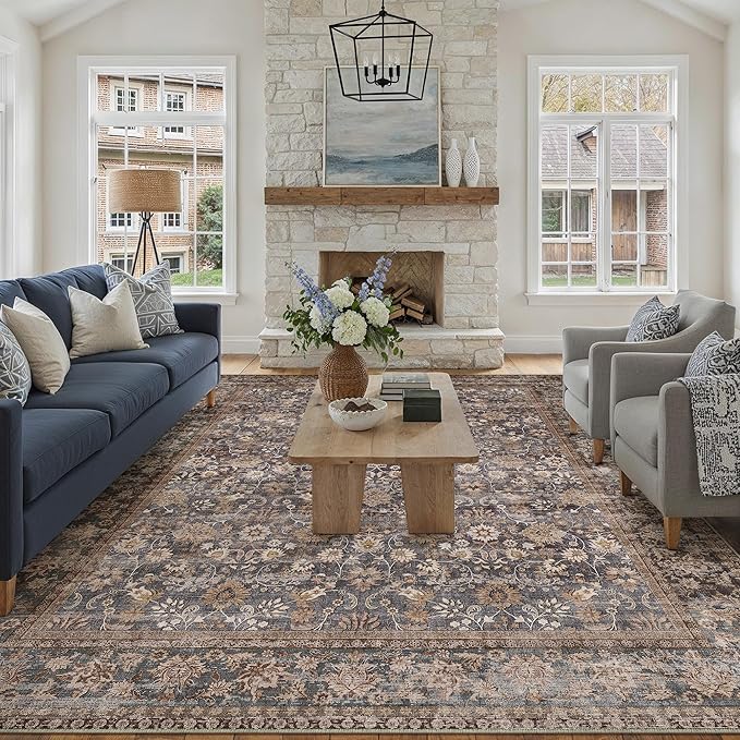 HUGEAR 9x12 Machine Washable Rugs Tradition Brown Hallway Large Area Rug Indoor Accent Rug Floral Low Pile Carpet Soft Throw Aesthetic Rug Bedroom Living Room Office Dining Room Kitchen Laundry Room