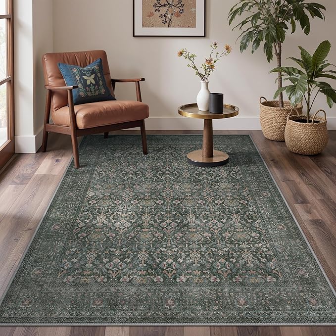 Bavni Area Rugs for Living Room, 5x7 Area Rugs Non-Slip Washable，Ultra-Thin Aesthetic Boho Rug for Bedroom Dinning Room Office, Dark Green