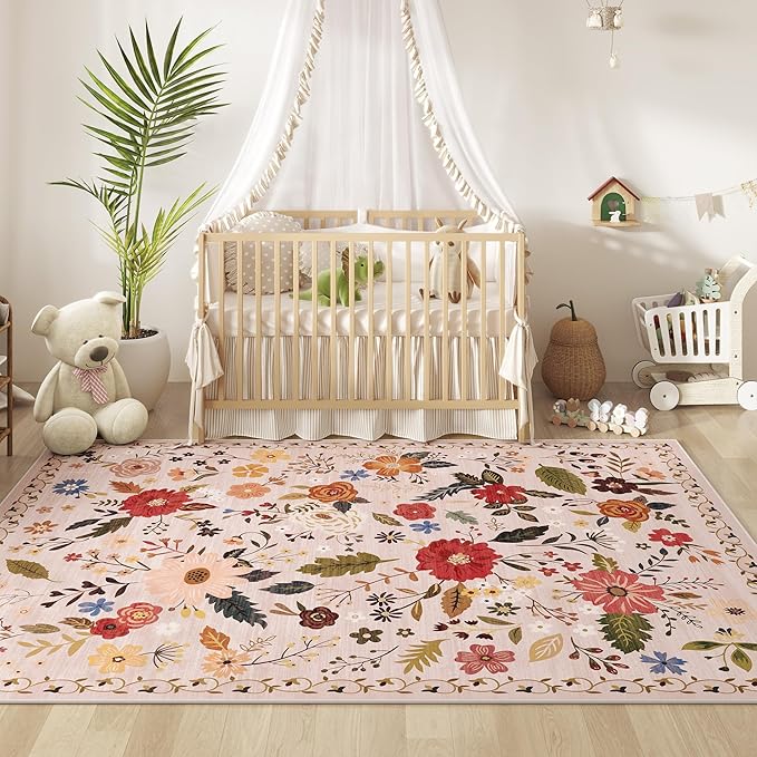 5x7 Washable Rug for Living Room, Pink Floral Area Rug, Non Slip Low Pile Soft Flower Carpet, Large Rugs for Bedroom, Dining Room, Office, Kids Playroom, Nursery, Pink/Beige