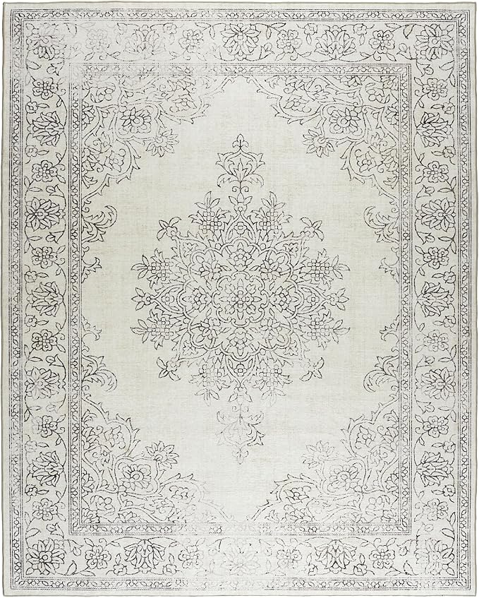 ReaLife Rugs Machine Washable Area Rug Runner - Living Room Bedroom Bathroom Kitchen Entryway Office - Padded Low Pile Stain Resistant Premium - Boho Farmhouse Vintage - Paige - Ivory 3' x 5'