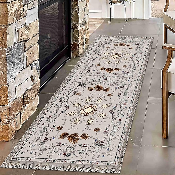 Floral Runner, 3.3x10ft, Vintage Distressed Bohemian Floral Pineal Rug for Kitchen and More - Soft, Low Pile, Non-Slip, Indoor Grey Rug