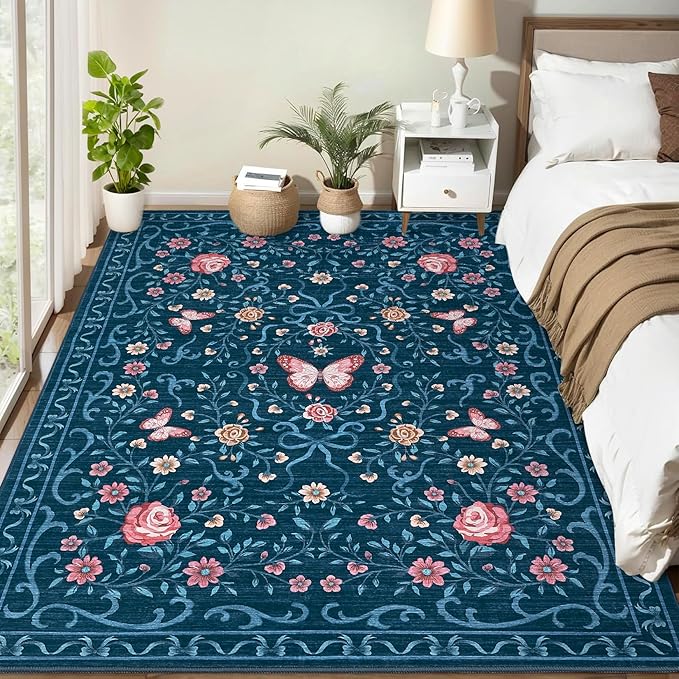 GarveeHome Washable Floral Area Rug 5x7 for Living Room Non Slip Bedroom Rug Soft Stain Resistant Large Dining Room Throw Carpet Low Pile Blue Bow Rugs Butterfly Flower Carpet for Nursery Entry, 5x7