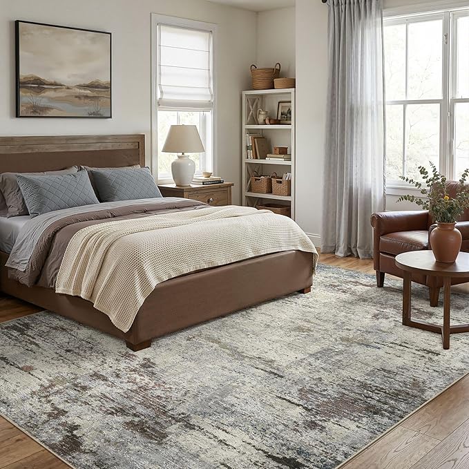Area Rug Living Room Rugs - 6x9 Washable Large Soft Indoor Neutral Modern Abstract Low Pile Rug Carpet for Bedroom Dining Room Farmhouse Home Office - Brown Rust