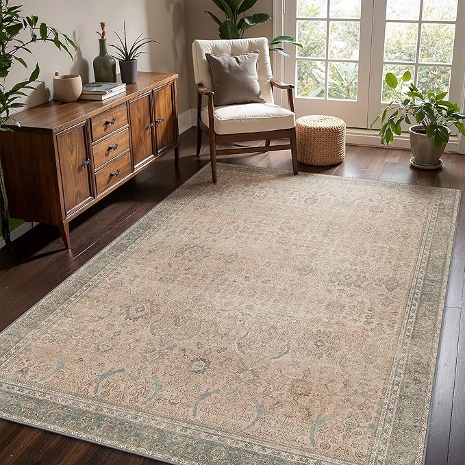 6x9 Area Rug Machine Washable Boho Rug for Living Room,Ultra-Thin Low Pile Carpet,Lightweight Indoor Printed Rug,Non Slip Floral Area Rug for Bedroom, Dining Room, Home Office,Light Beige
