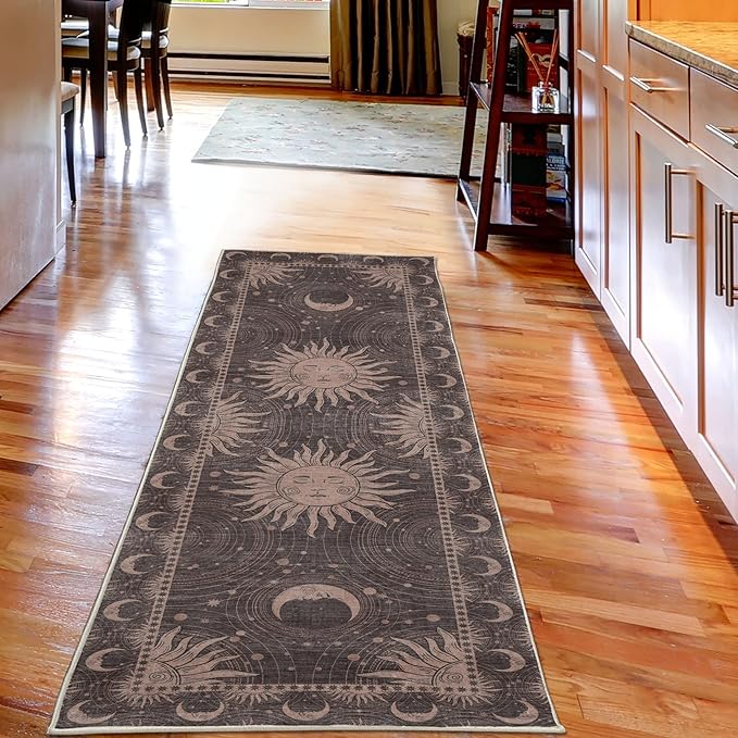 Ambesonne Sun and Moon Decorative Rug, Bohemian Artwork Design of Crescent Solar Ornament Esoteric Stars Ornaments, Quality Carpet for Bedroom Dorm and Living Room, 2' 5" x 7' 5", Warm Taupe