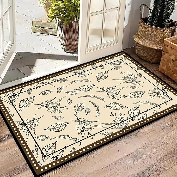 Medieval French Style Area Rugs 5x7ft, Off-White Botanical Leaf Pattern Rug, Low Pile Carpet, Washable & Non-Slip for Living Room, Bedroom, Dining Room, Dorm