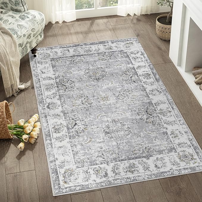 jinchan Fiora Washable Area Rug 3x5 Entryway Rug - Distressed Vintage Floral Ultra-Thin Low-Pile Soft Non-Shedding Indoor Floor Carpet for Kitchen Bedroom Entrance Laundry Living Room(3x5ft, Grey)