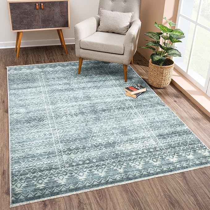 Bloom Rugs Caria Washable Non-Slip 4x6 Rug - Teal/Ivory Geometric Area Rug for Living Room, Bedroom, Dining Room, and Kitchen - Exact Size: 4' x 6'