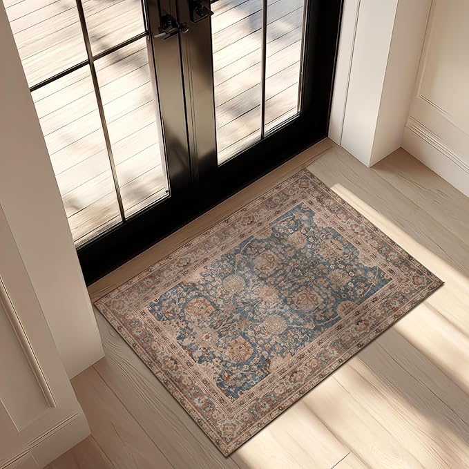 Kuden 2x3 Small Rug, Machine Washable, Non-Slip Backing, Vintage Style, Soft, Low Pile, Area Rugs for Entryway Kitchen Indoor Entrance