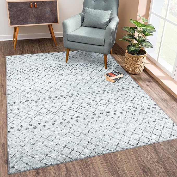 Bloom Rugs Washable Non-Slip 6' x 9' Rug - Ivory/Gray Traditional Moroccan Area Rug for Living Room, Bedroom, Dining Room, and Kitchen - Exact Size: 6' x 9'