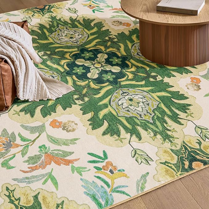 Phantoscope Washable Area Rug 5'x7' Non-Slip, Vintage Boho Rugs for Living Room, Bedroom, Dining Room, Neutral Green Floral Medallion Pattern, Low-Pile Foldable Floor Carpet, Forest Green/Cream