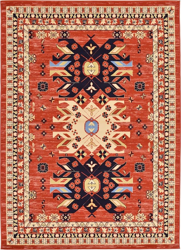 Unique Loom Taftan Collection Border Geometric Tribal Inspired Design Area Rug (7' 0 x 10' 0 Rectangular, Terracotta/ Ivory)