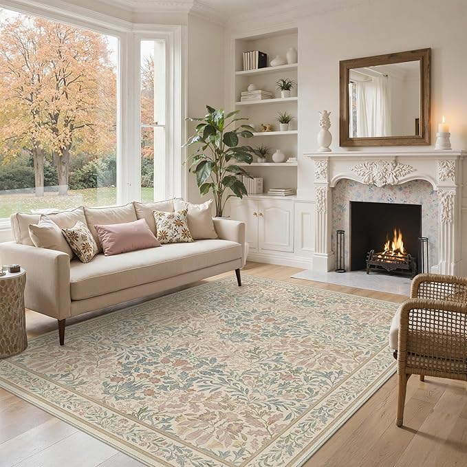 Bavni Floral Beige Pink Area Rugs 6x9, Vintage Boho Carpet Machine Washable, Non Slip Soft Low Pile Thin Rug for Bedroom, Living Room, Dining Room, Nursery