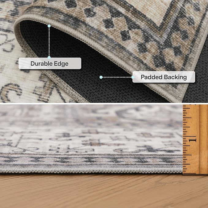 ReaLife Rugs Machine Washable Area Rug Runner - Living Room Bedroom Bathroom Kitchen Entryway Office - Padded Low Pile Stain Resistant Premium - Boho Farmhouse Vintage - Paz - Beige Gray Ivory 3'x5'
