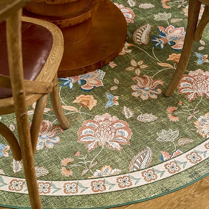jinchan Elora 5ft Floral Round Rug for Entryway Washable Kitchen Rug Vintage Romance Design Non Slip Indoor Doormat Lightweight Low-Profile Throw Carpet for Living Room Dining Room Bedroom, Green