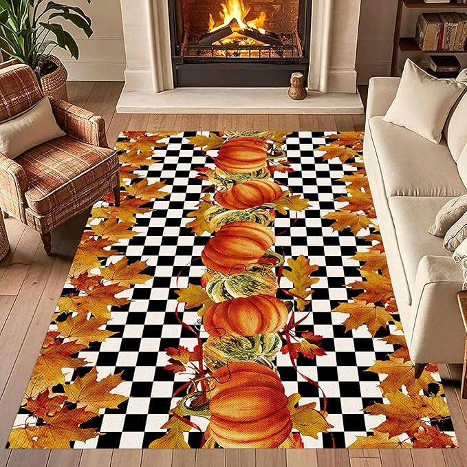 Pumpkin Area Rugs, 3x5ft, Fallen Leaves Autumn Harvest Pumpkins Black and White Checkered Rug, Ultra-Thin Rubber Non Slip Geometric Carpet for Living Room Playroom