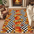 Pumpkin Area Rugs, 6x8ft, Fallen Leaves Autumn Harvest Pumpkins Black and White Checkered Rug, Ultra-Thin Rubber Non Slip Geometric Carpet for Living Room Playroom