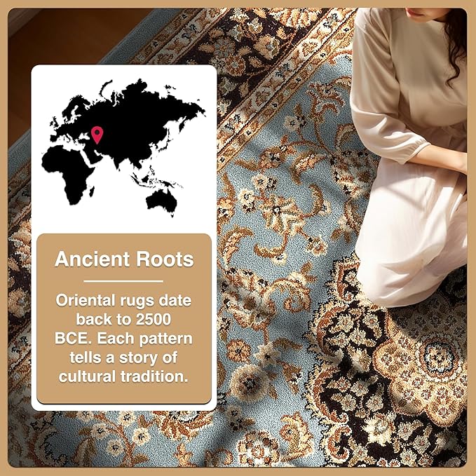 Well Woven Barclay Collection Medallion Kashan Light Blue 9x12 Area Rug - for Living Room, Bedroom, and Dining Room