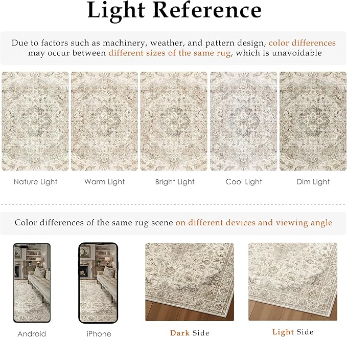 HUGEAR Area Rug 8x10 Vintage Brown Machine Washable Living Room Rugs Thin Neutral Floral Vacuumable Low Pile Carpet Bedroom Office Dining Room Laundry Room Non Slip Soft Lightweight