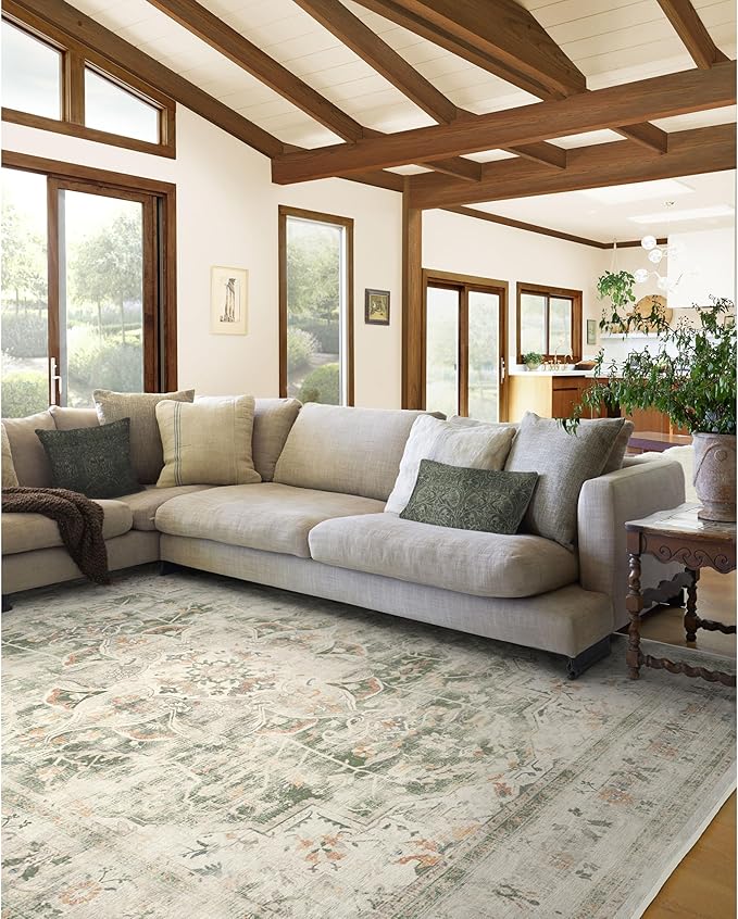 RUGGABLE Washable Vintage Area Rug – Sarrah Sage 9x12, Stain-Resistant, Non-Slip – Large Machine Washable Rugs for Living Room, Bedroom, Hallway, Entryway & Office–with Cushioned Pad