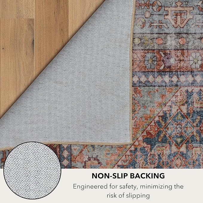 Kuden 2'6"x10 Runner Rug, Machine Washable Area Rug with Non-Slip Backing, Vintage Style, Soft, Easy Clean, Low Pile Rug for Hallway, Entryway, Kitchen, Bedroom