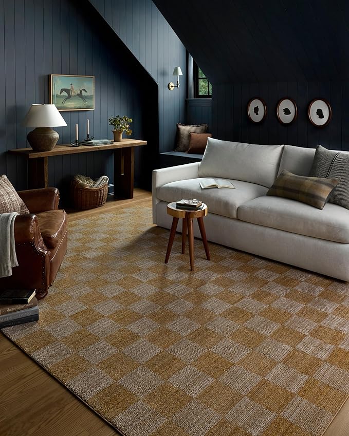 Loloi Chris Loves Julia Calvin Collection CLV-01 Apricot/Ivory 7'-10" x 7'-10" Round Area Rug Checkered Neutral Soft Living Room Bedroom Carpet