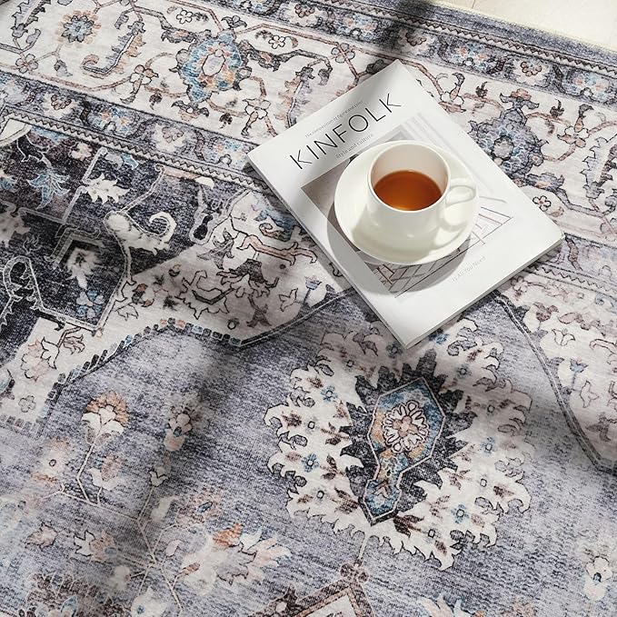 Rugcomf Vintage Medallion Rugs for Entryway 2'x3' - Door Mat Indoor Entrance, Machine Washable Area Rug, Non-Slip Low Pile Boho Carpet for Kitchen, Front Door, Bedroom, Kids Room - Grey and White