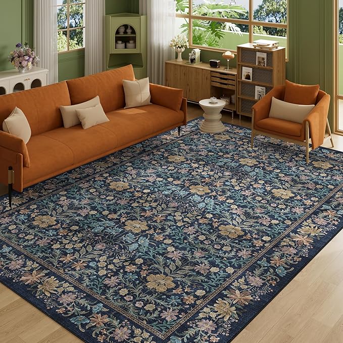 DUKINO 6x9 Rugs for Living Room, Vintage Washable Rug with Non Slip Backing, Floral Low Pile & Non-Shedding Large Area Carpets for Bedroom, Dining Room, Farmhouse, Home Office, Dark Blue
