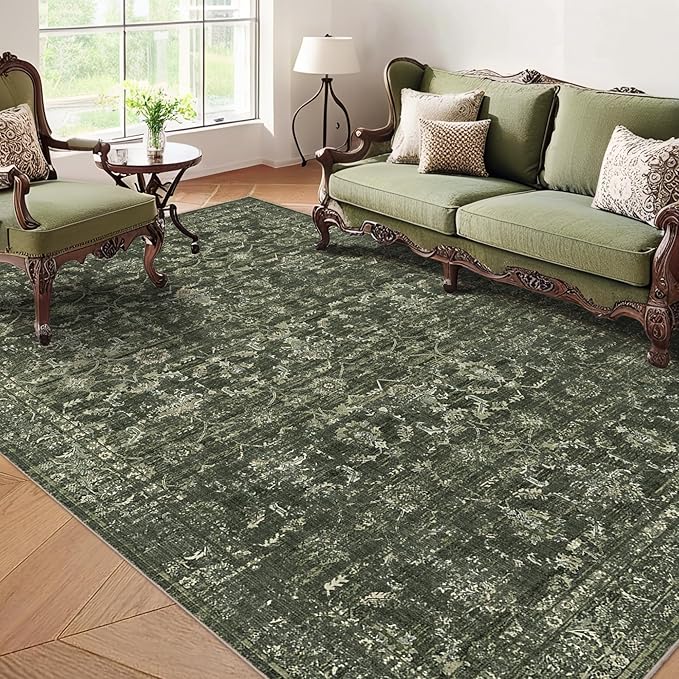 Washable Area Rug 5x7 Green Rugs for Living Room, Vintage Boho Large Rug for Bedroom Dining Room Office, Distressed Floral Print Carpet for Under Table, Soft Non Slip Low Pile Throw Carpet Indoor Mat