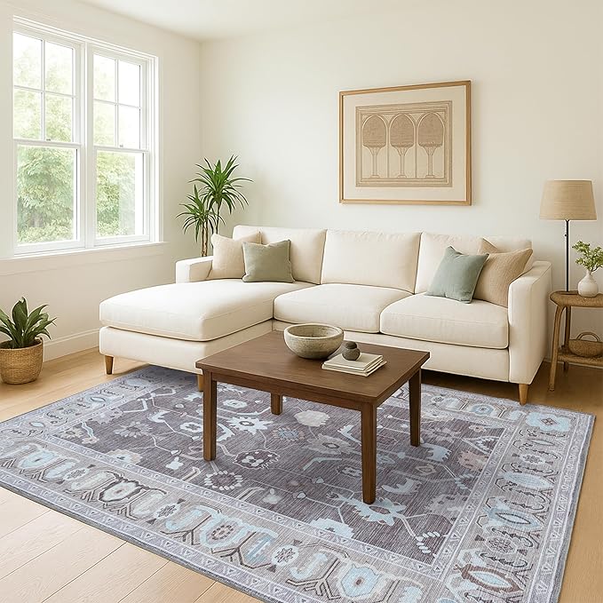 Fame Living Brown Oushak Rug, Modern Small Rugs, Vintage, Turkish, Eclectic, Floral, Pastel, Washable, Door Mat, Doormat for Indoor Entrance, Entryway, Kitchen, Bathroom, Bedroom, Laundry, 2'x3'